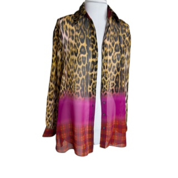 NWOT Mishca Animal Print Button Front Sheer Colorful Tunic Long Slv Top Size L - Picture 2 of 8